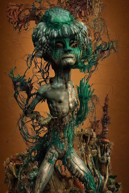 Image similar to epic 3 d oxossi, ifa deity, liquid hands and feet spinning, 2 0 mm, with brown and green water melting smoothly into herbs and wooden contraptions, fierce, animalistic, intricate, houdini sidefx, trending on artstation, by jeremy mann and ilya kuvshinov, jamie hewlett and ayami kojima, 3 d bold