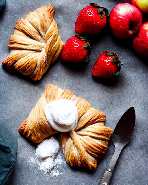 Image similar to apple turnover pastries, powdered sugar, strawberries, whipped cream, stylized art, sylvain sarrailh