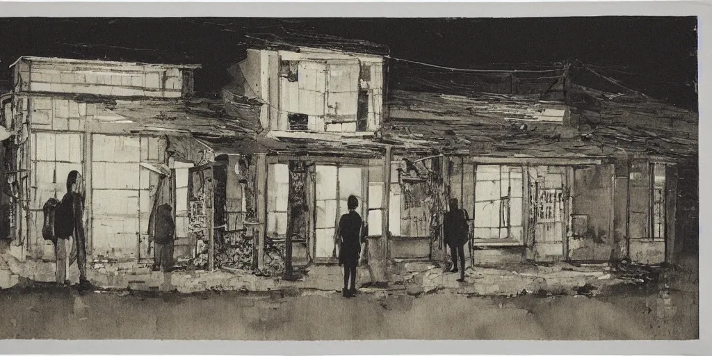 Prompt: people stanting in front of an abandoned place at night, by keita morimoto