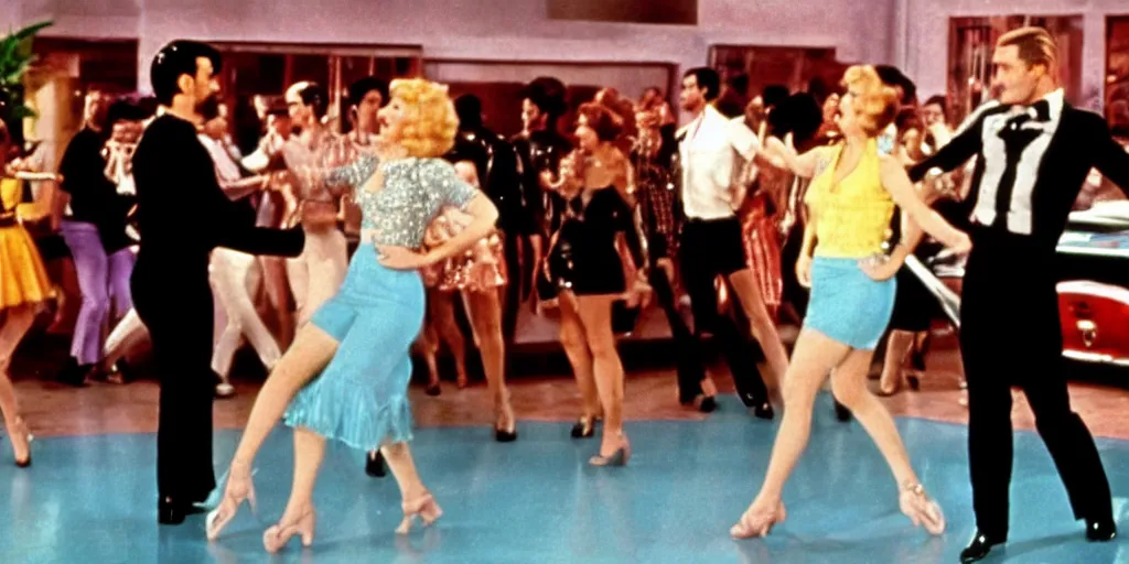 Image similar to Still of Grease (1976) with a disco dance interpreted by Fred Astaire and Ginger Rogers, cinematic, technicolor