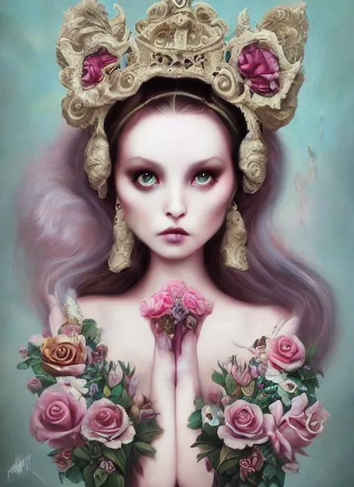 Prompt: pop surrealism, lowbrow art, realistic cute princess painting, bridal victorian fashion, hyper realism, muted colours, rococo, natalie shau, loreta lux, tom bagshaw, mark ryden, trevor brown style,