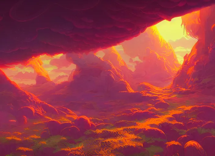 Image similar to psychedelic concept art of a lanscape made of baked beans, cel shaded, in the style of makoto shinkai and moebius and peter mohrbacher and anton fadeev