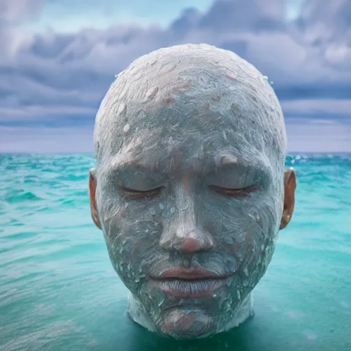 Image similar to a giant sculpture of a human head on the ocean, made purely out of water, cinematic, in the style of johnson tsang, long shot, hyper detailed, hyper realistic, ray tracing, 8 k resolution, sharp focus, realistic water, award winning