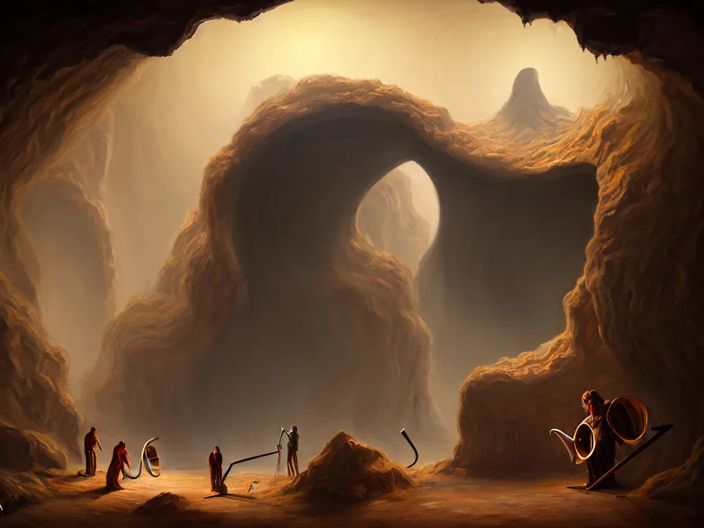 Image similar to a painting of a human of a big mouth turns into a cave with strange bearded beings with scythes, 4 k, art by miguel alandia pantoja