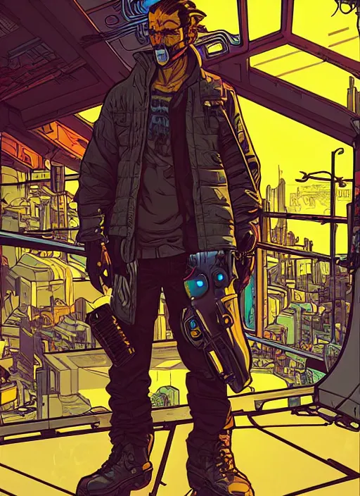 Prompt: cyberpunk cartel goon with scenic background. portrait illustration, pop art, art by ashley wood, alphonse mucha, laurie greasley and josan gonzalez. cinematic. dynamic lighting. realistic proportions. creative design. cell shading