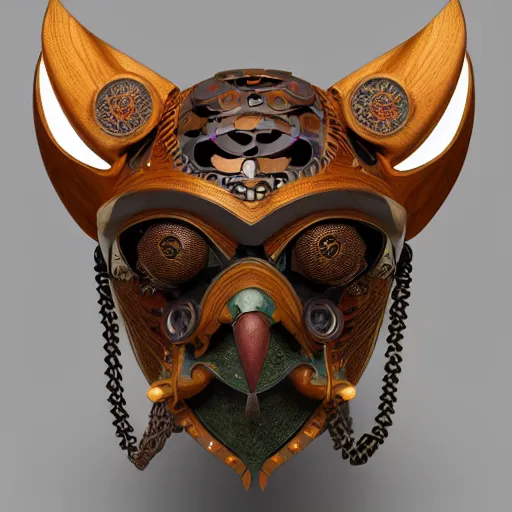 Image similar to steampunk tribal mask, owl, japanese pottery, vivid colors, wood, metal, intricate details, trending on cgsociety, concept art, glowing eyes, sharp focus, ultra realistic details, cinematic atmosphere, global illumination, shadows