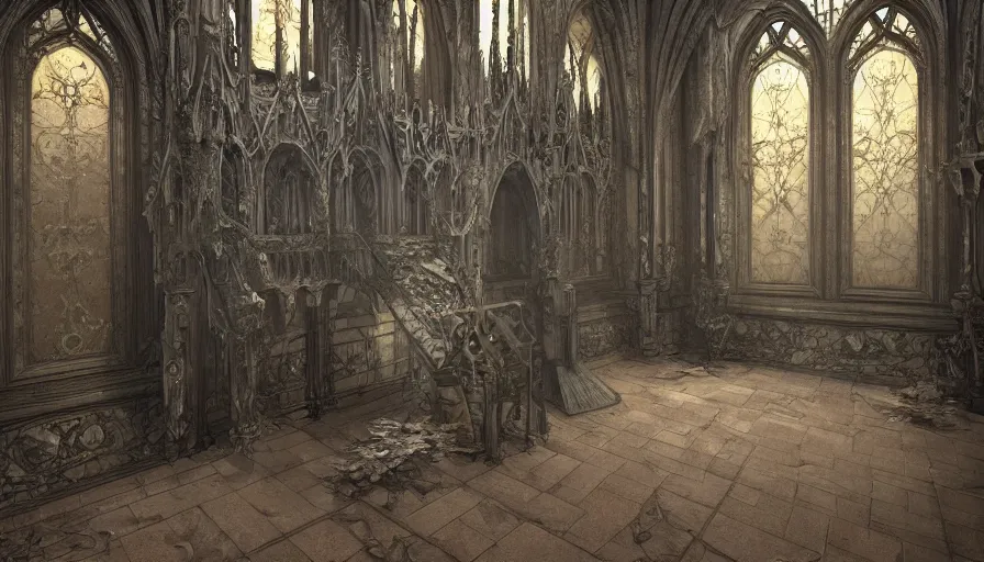 Prompt: Interior of a creepy entrance hall of a Neo-Gothic castle, hyperdetailed, artstation, cgsociety, 8k