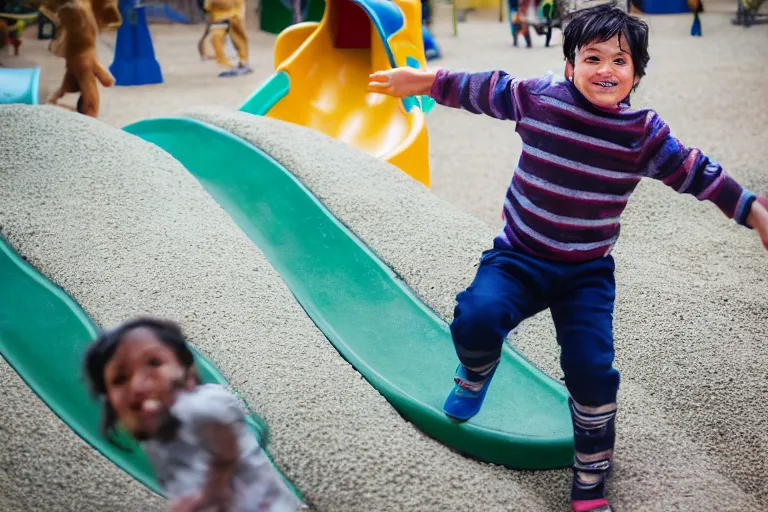 Image similar to Grogu going down a slide in a playground, still from the Mandalorian show, his arms are in the air and he’s smiling, shallow depth of field, Nikon 50mm f/1.8G