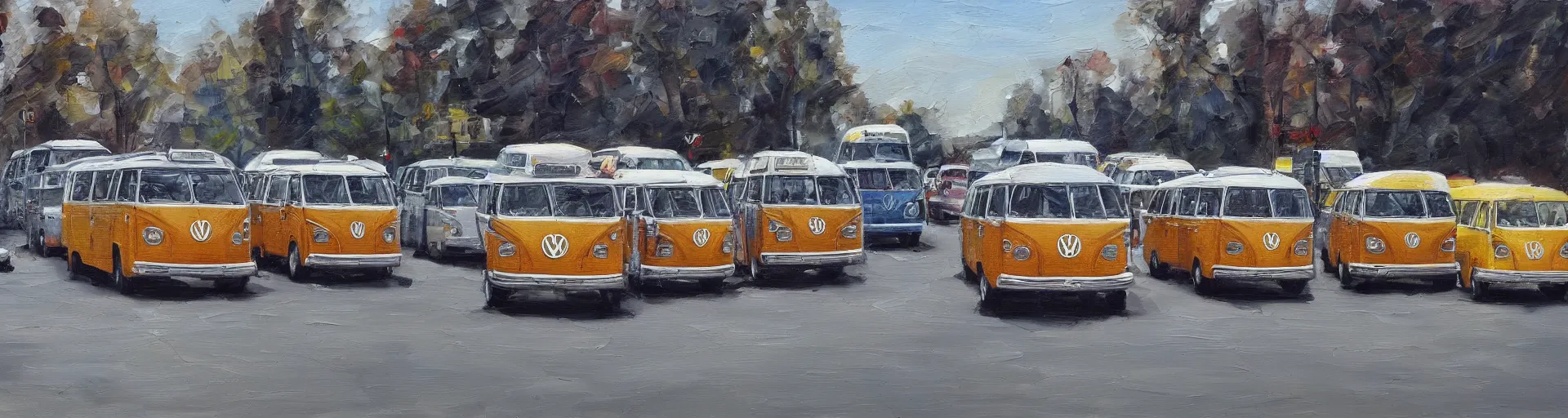Prompt: a detailed oil painting of vw buses racing in the street