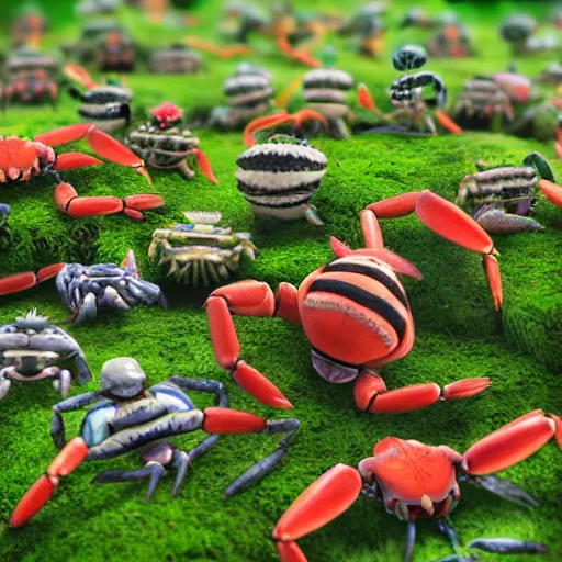 Image similar to large group of crabs and worms, crawling along a bed of moss, low poly, creeper world, handcrafted, artstation, hyperrealistic, hard light, best practices, creeptastic, photorealism, macro perspective, cuddly, Voidless of the Festival!, The Graveyard!!