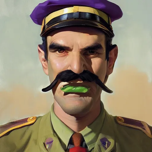 Image similar to greg manchess portrait painting of tactical waluigi, military art, medium shot, asymmetrical, profile picture, organic painting, sunny day, matte painting, bold shapes, hard edges, street art, trending on artstation, by huang guangjian and gil elvgren and sachin teng