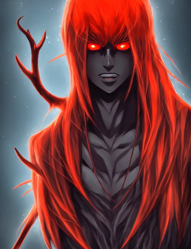 Image similar to a detailed manga portrait of a shadowy handsome demon boy with dark antlers and long crimson hair and glowing orange eyes, trending on artstation, digital art, 4 k resolution, detailed, high quality, sharp focus, hq artwork, coherent, insane detail, character portrait