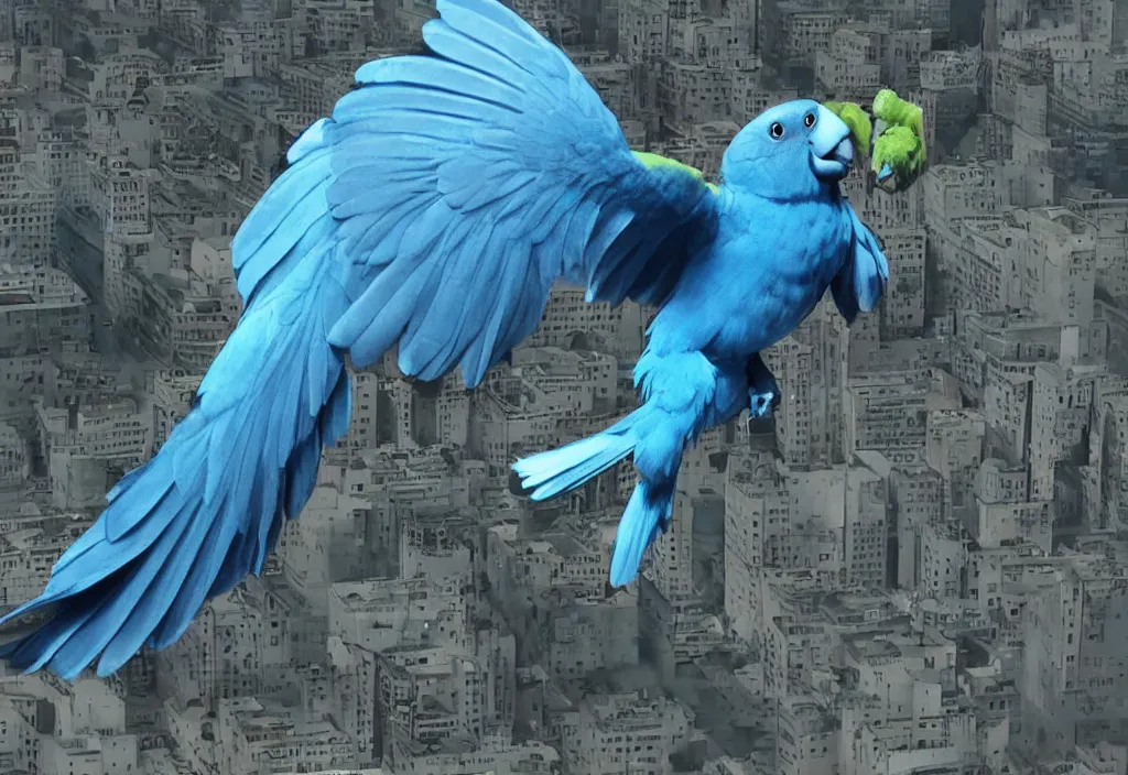 Image similar to giant blue Parrotlet destroying city in rage, rampage, destruction, apocalypse