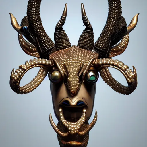 Image similar to kudu mask made of pearl beads : by michal karcz, daniel merriam, victo ngai and guillermo del toro : ornate, dynamic, particulate, intricate, elegant, highly detailed, centered, artstation, smooth, sharp focus, octane render