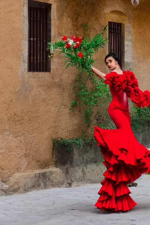 Prompt: spanish flamenco dancer in mallorca wearing a red dress made of flowers, head if red vapor disappearing into ether, evening, dimly lit, foggy, photo realistic, extreme detail skin, no filter, slr, 4 k, high definition