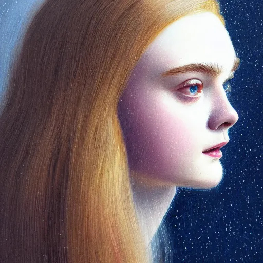 Image similar to professional painting of Elle Fanning in the style of John Harris, head and shoulders portrait, symmetrical facial features, smooth, sharp focus, illustration, intricate, stormy weather, extremely detailed masterpiece,