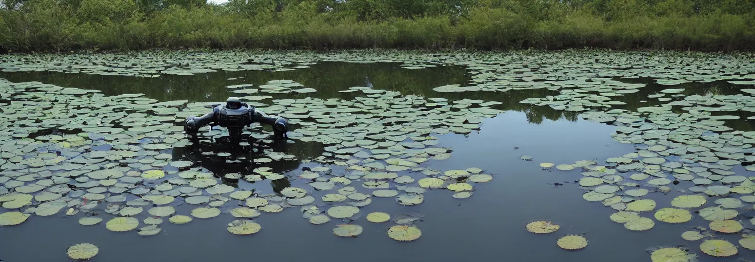 Image similar to A large combat robot lies in the shallow waters of a lake in front of an abandoned cityat sun dawn, water lilies float on the surface of the water