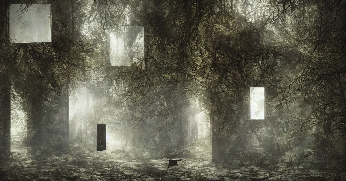 Prompt: looking through square mirror from the view of dimension of silence, where is absolute peace and quiet around, beautiful digital art, contrast shading, unreal engine, vray, style of santiago caruso