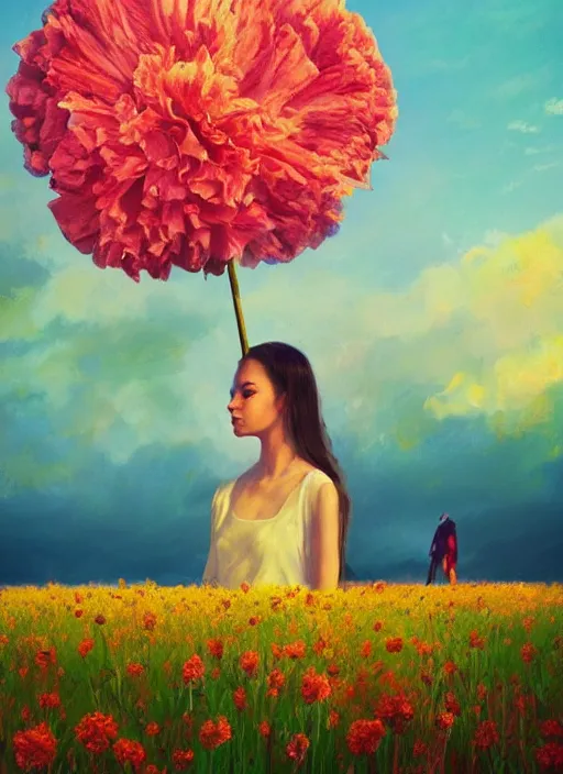 Prompt: woman with a giant carnation as a face, flower field, surreal photography, sunset dramatic light, impressionist painting, colorful clouds, blue sky, digital painting, artstation, simon stalenhag