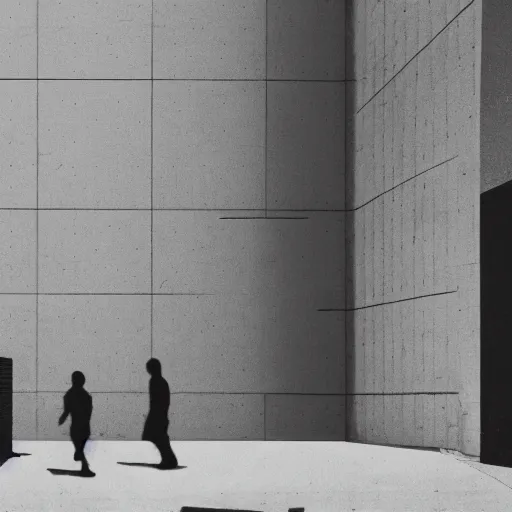 Prompt: black and white security camera image of a black silhouette of a figure caught in an abandoned brutalism structure