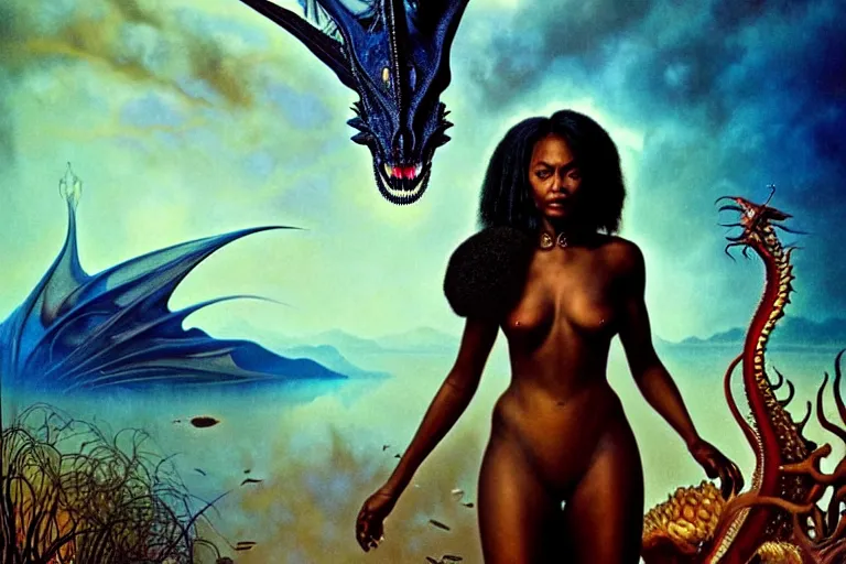 Prompt: realistic detailed photorealistic film portrait shot of a beautiful black woman with a dragon, sci-fi landscape background by Denis Villeneuve, Amano, Yves Tanguy, Alphonse Mucha, Ernst Haeckel, Andrei Tarkovsky, Edward Robert Hughes, Roger Dean, rich moody colours, wide angle, blue eyes