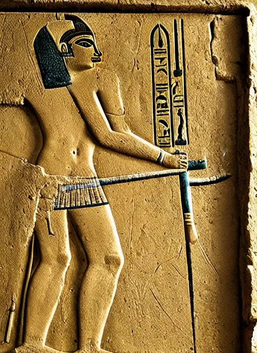 Image similar to ancient egyptian relief of a man shooting a bolt action rifle