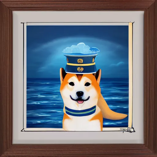 Image similar to a cute shiba inu whith a sailor hat steering a boat, endless sea, digital painting, 4 k, realistic