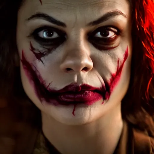 Image similar to stunning awe inspiring mila kunis as the joker, movie still 8 k hdr atmospheric lighting