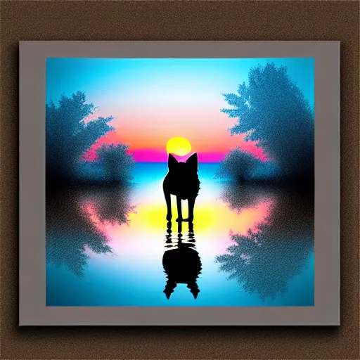 Image similar to view from behind of fluffy baby grey wolf sitting on the shore of a pond, looking out at a sunset, digital art, award winning stunning illustration