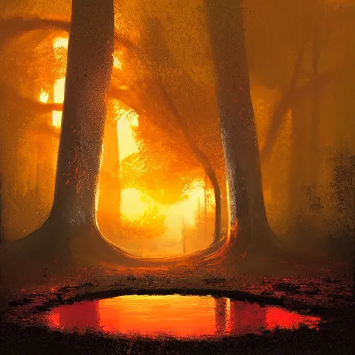 Image similar to huge orange and red mushroom in the woods, puddles of water, sunset, orange glow, foggy, by finnian macmanus and greg rutkowski