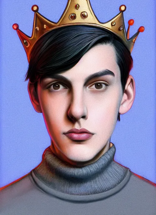 Image similar to portrait of teenage jughead jones wearing a light grey crown, crown, blue turtleneck, 1 9 5 0 s, closed eyes, photorealistic, black hair, glowing lighting, intricate, elegant, glowing lights, highly detailed, digital painting, artstation, concept art, smooth, sharp focus, illustration, art by wlop, mars ravelo and greg rutkowski