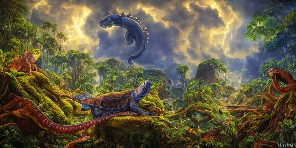 Prompt: fantasy oil painting, great leviathan, turtle cephalopod terrapin reptilian pachyderm amphibian hybrid, rainforest mountains, lush plants flowers, epic natural light, bright clouds, luminous sky, outer worlds, bright cinematic lighting, michael cheval, michael whelan, vray, 8 k hd