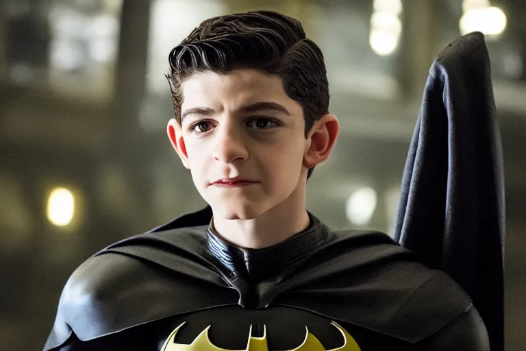 Image similar to David Mazouz from the gotham TV series wearing a Batman costume ultra realistic, 4K, movie still, UHD, sharp, cinematic