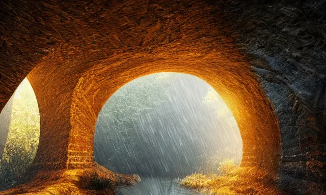 Image similar to beautiful photograph of a vertical tunnel made of raindrops, between a dried up river and the sun, highly-detailed, fantastic, dramatic lighting, artstation, 4k