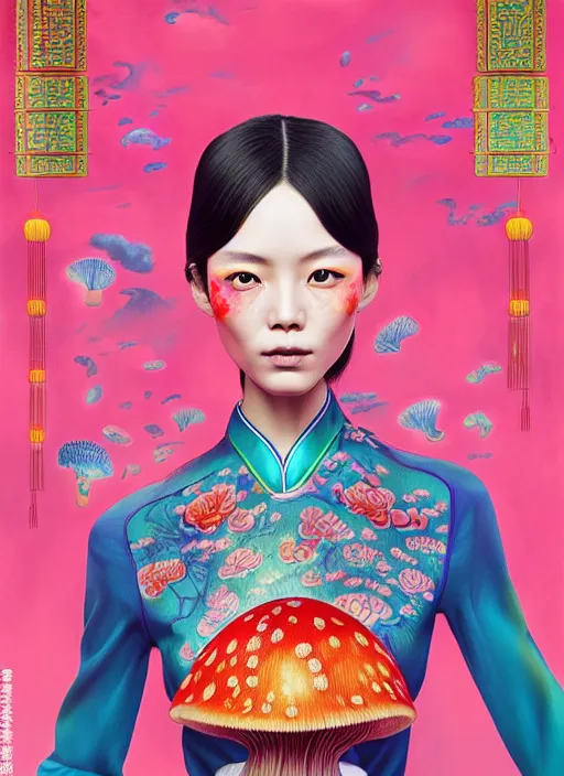 Image similar to pretty chinese model with magic mushroom : : by martine johanna and simon stalenhag and chie yoshii and casey weldon and wlop : : ornate, dynamic, particulate, rich colors, intricate, elegant, highly detailed, vogue, harper's bazaar art, fashion magazine, smooth, sharp focus, 8 k, octane render,