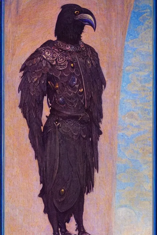 Prompt: an anthropomorphic raven dressed as a renaissance lord , by Annie Swynnerton and Nicholas Roerich and jean delville and Gaston Bussière, iridescent beetles, rich color, dramatic cinematic lighting, featured on Artstation, extremely detailed