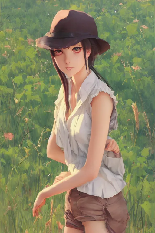 Image similar to a farmer girl, full body shot, intriguing outfit, fine - face, realistic shaded perfect body, fine details. night setting. very anime style. realistic shaded lighting poster by ilya kuvshinov katsuhiro, magali villeneuve, artgerm, jeremy lipkin and michael garmash, rob rey and kentaro miura style, trending on art station