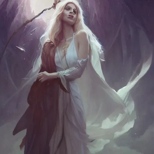 Prompt: a beautiful sorceress in long flowing robes, by charlie bowater, loish, peter mohrbacher, artgerm, greg rutkowski, krenz cushart, wlop