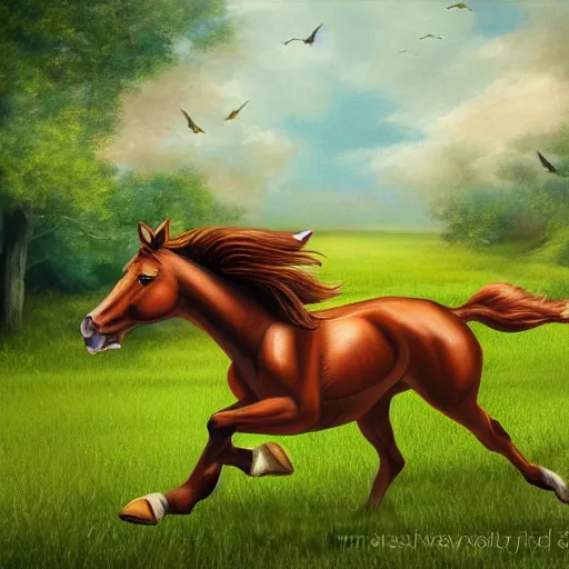 Prompt: brown centaur running through lush green fields, fantasy art
