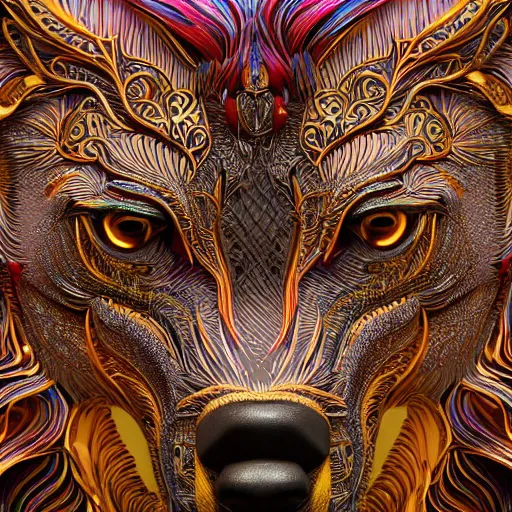 Prompt: a photo - real delicate sculpture of an ornate detailed wolf in front of a intricate background by aj fosik, micro detail, backlit lighting, octane renderer, colorful, physically based rendering, tribal art, trending on cgsociety