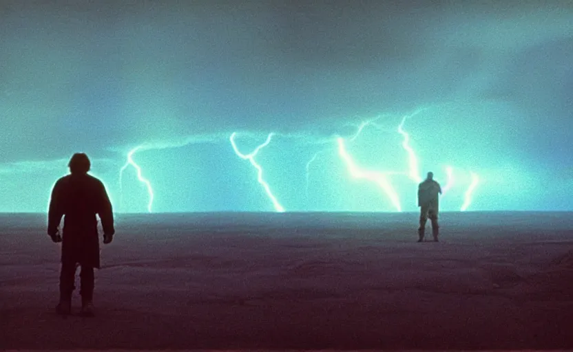 Prompt: screenshot portrait shot of Luke Skywalker on a lightning planet, moody jagged dark landscape, from the 1970s sci fi thriller by Stanely Kubrick , no people, no man, lost world, sharp focus, color kodak stock, ektochrome, anamorphic lenses, detailed faces, moody cinematography