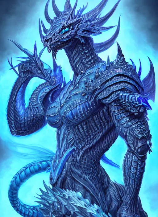 Image similar to muscular and tall blue ghostly fire humanoid dragon!!!! draconian!! intricate ornate iridescent heavy armor!! character concept art, sharp focus, octane render! unreal engine 5! highly rendered!! trending on artstation!! detailed linework!! illustration by artgerm, wlop, and chie yoshii