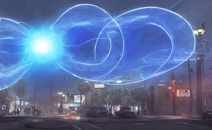 Image similar to people with posters attacking cops, a huge blue spiral - shaped white luminous attractor is floating on the horizon near the sun, stores in los angeles with light screens all over the street, concept art, art for the game, professional lighting, dark night lighting from streetlights