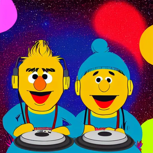 Image similar to svg sticker of a Pop-Wonder Bert&Ernie, Sesame-Street, at a rave, spinning records, giant headphones rocking out, wearing headphones, huge speakers, dancing, rave, DJ, spinning records, digital art, amazing composition, rule-of-thirds, award-winning, trending on artstation, featured on deviantart