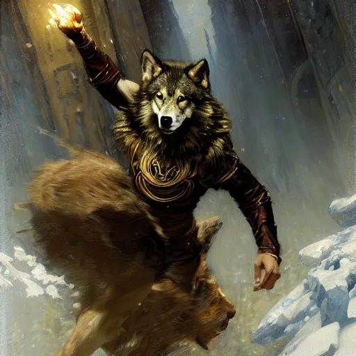 Prompt: stunning male master wizard transforming into wolf, highly detailed painting by gaston bussiere, craig mullins, j. c. leyendecker, 8 k