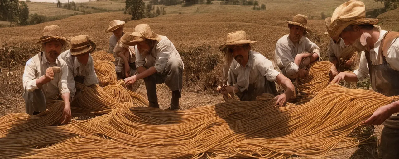 Image similar to harvesting spaghetti during the gold rush, hyper - realistic faces, intricate, sigma 5 0 mm, cinematic lighting, photography, wes anderson, film, kodachrome