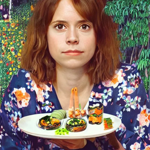 Prompt: a portrait of female Asa Butterfield mixed with Pam beesly, she is eating sushi with chopsticks, content, kind, slight smile, surrounded by plants, by gustav klimt