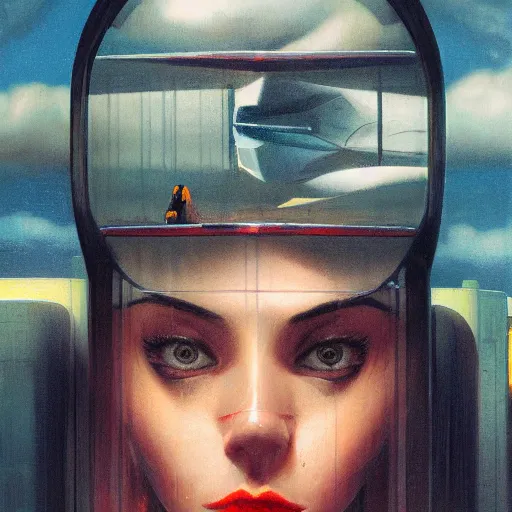 Prompt: detailed face of a woman, clockwork, moment, tectonic sky, skydome, bullet train, jets, turbines, utopian, tech noir, wet reflections, prism, atmospheric, ambient, pj crook, syd mead, livia prima, greg rutkowski, edward hopper