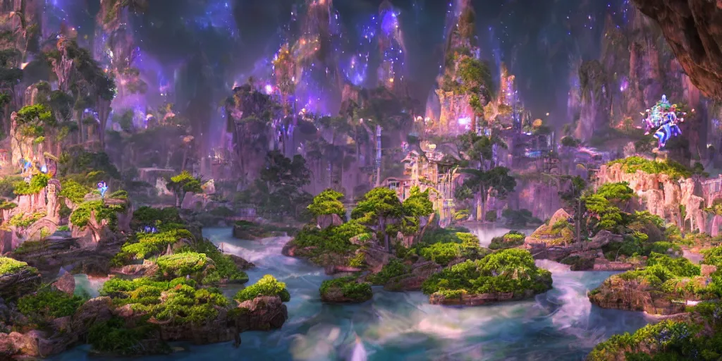 Prompt: beautiful and immersive magical town, magical buildings, bioluminescent forest surrounding, gentle rivers flowing through town, award - winning - anime style - cinematic lighting, dramatic lighting, hdr, 4 k, stunning and beautiful view - unbelievably amazing - highly detailed, hyperrealistic, in the style of kingdom hearts and avatar, 3 d - unreal engine 5, anime visuals