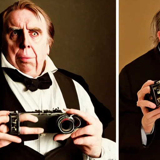 Prompt: Timothy Spall as Simon Graham holding a camera from the 1800s.